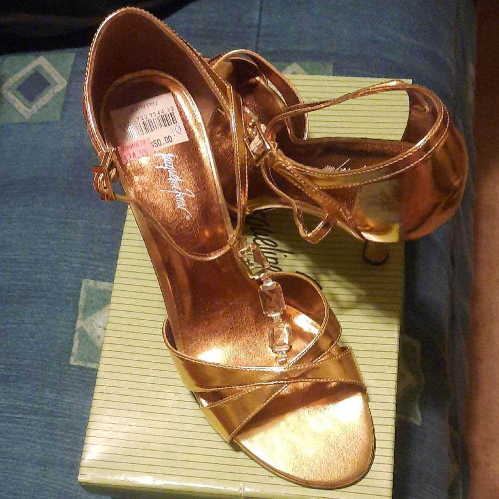 Jacqueline Ferrar Metallic Gold Strappy Heels with Clear Gem Accent